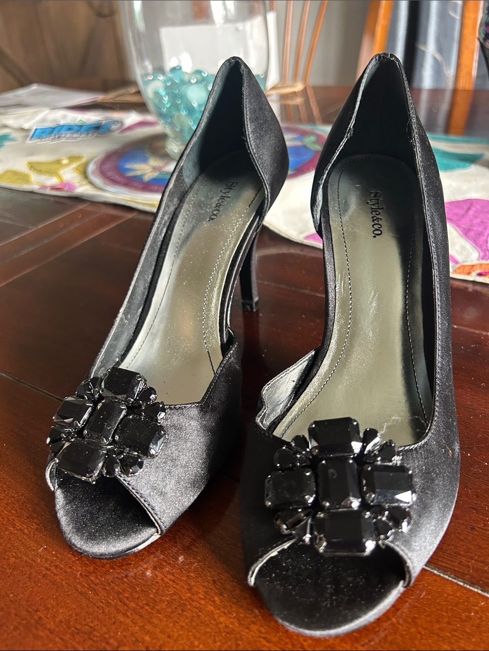 Style & Co. Black Satin Peep-Toe Heels with Gem Cluster